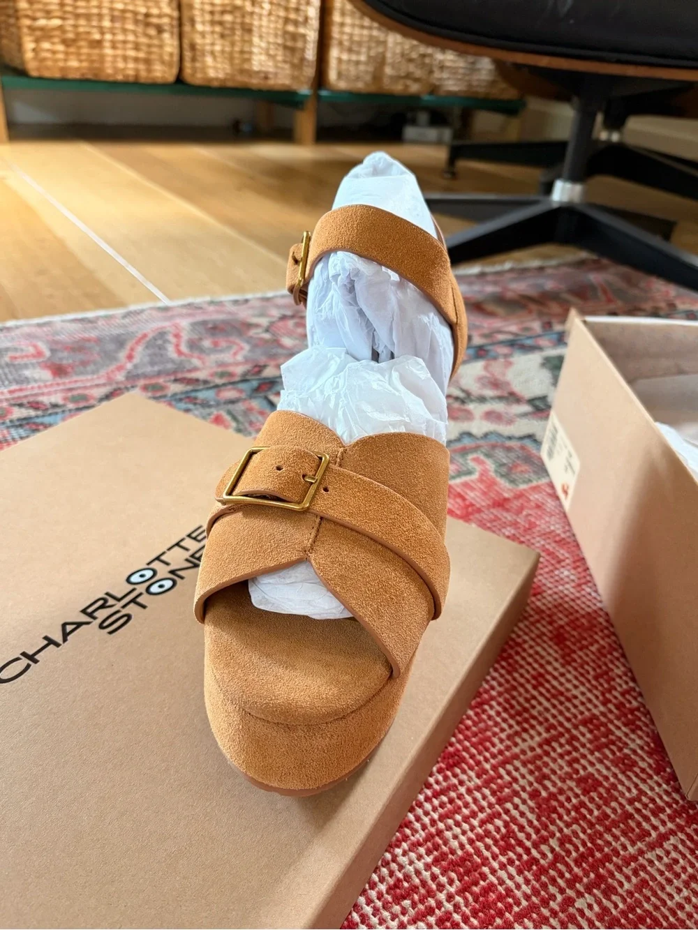 Charlotte Stone brown suede “Raf” platform heels